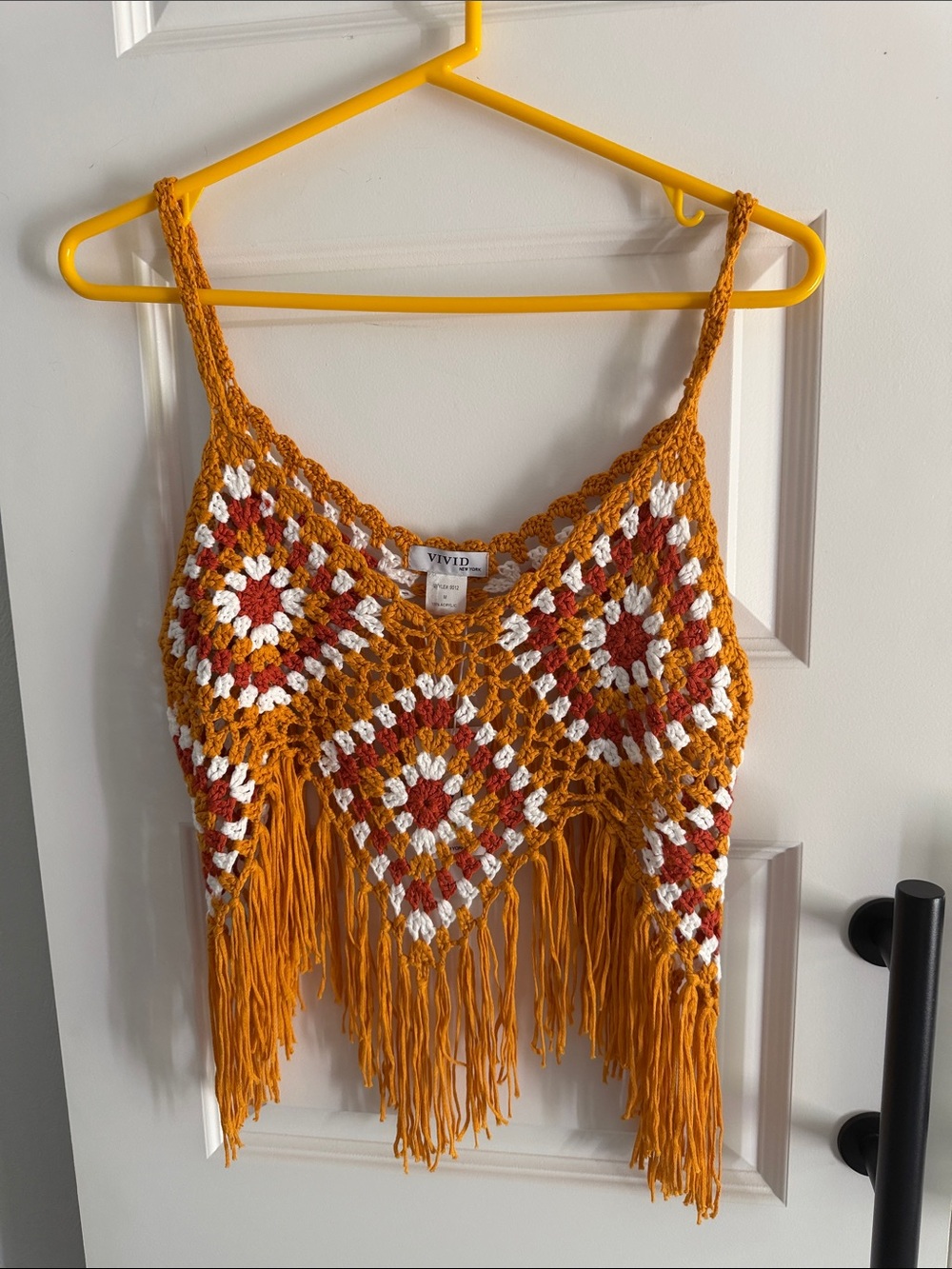 Vivid‎ BOHO hippie Crochet Fringe Crop Top in Mustard, White & Rust large